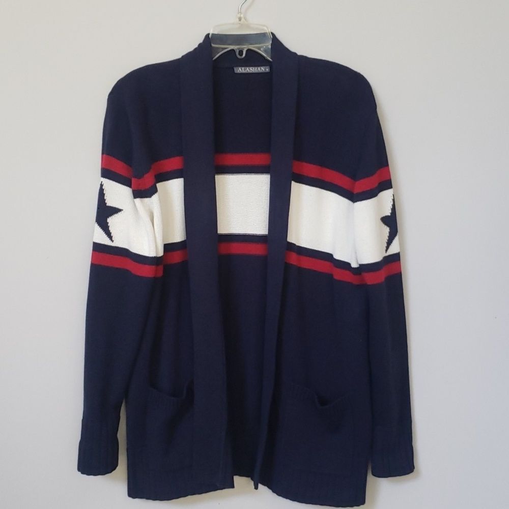 Alashan Cardigan Womens M Cashmere Cotton Star Stripe Shawl Open Sweater Office